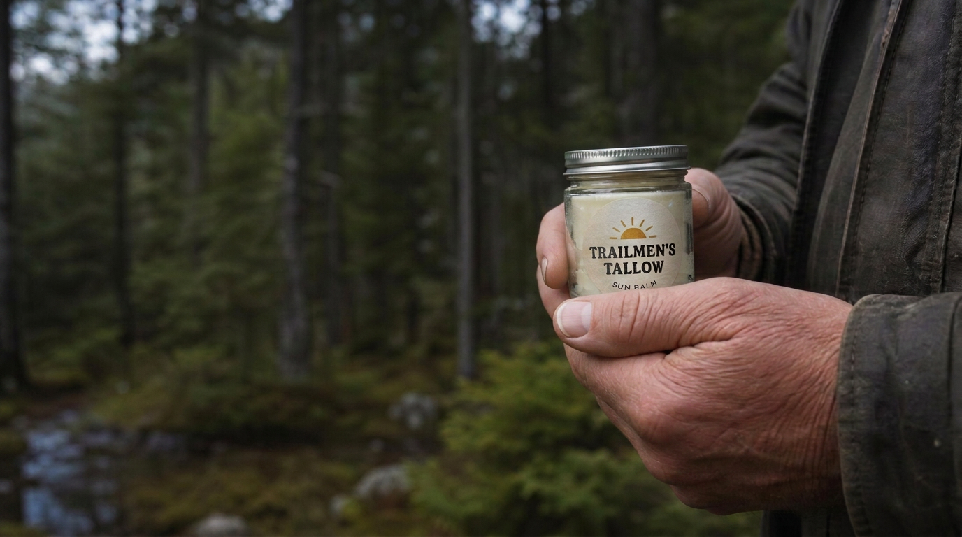 A Maine guide's hands holding an open jar of whipped Trailmen's Tallow balm in the North Woods