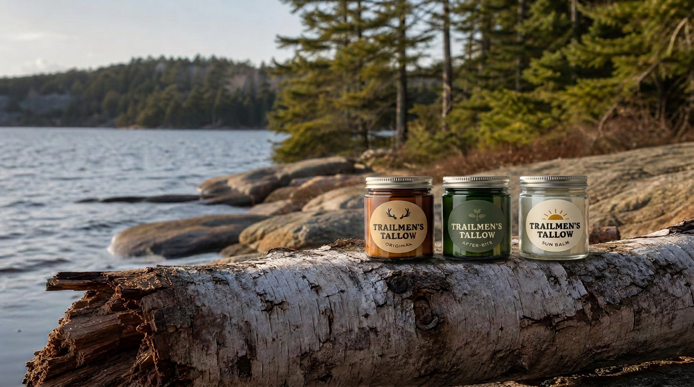 Three jars of Trailmen's Tallow balm lined up on a birch log at a rocky Maine shoreline