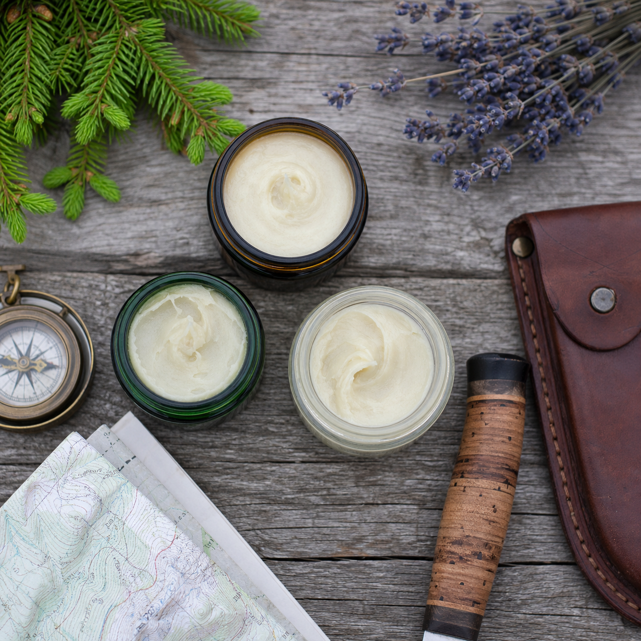 Trailmen's Tallow jars with outdoor guide gear