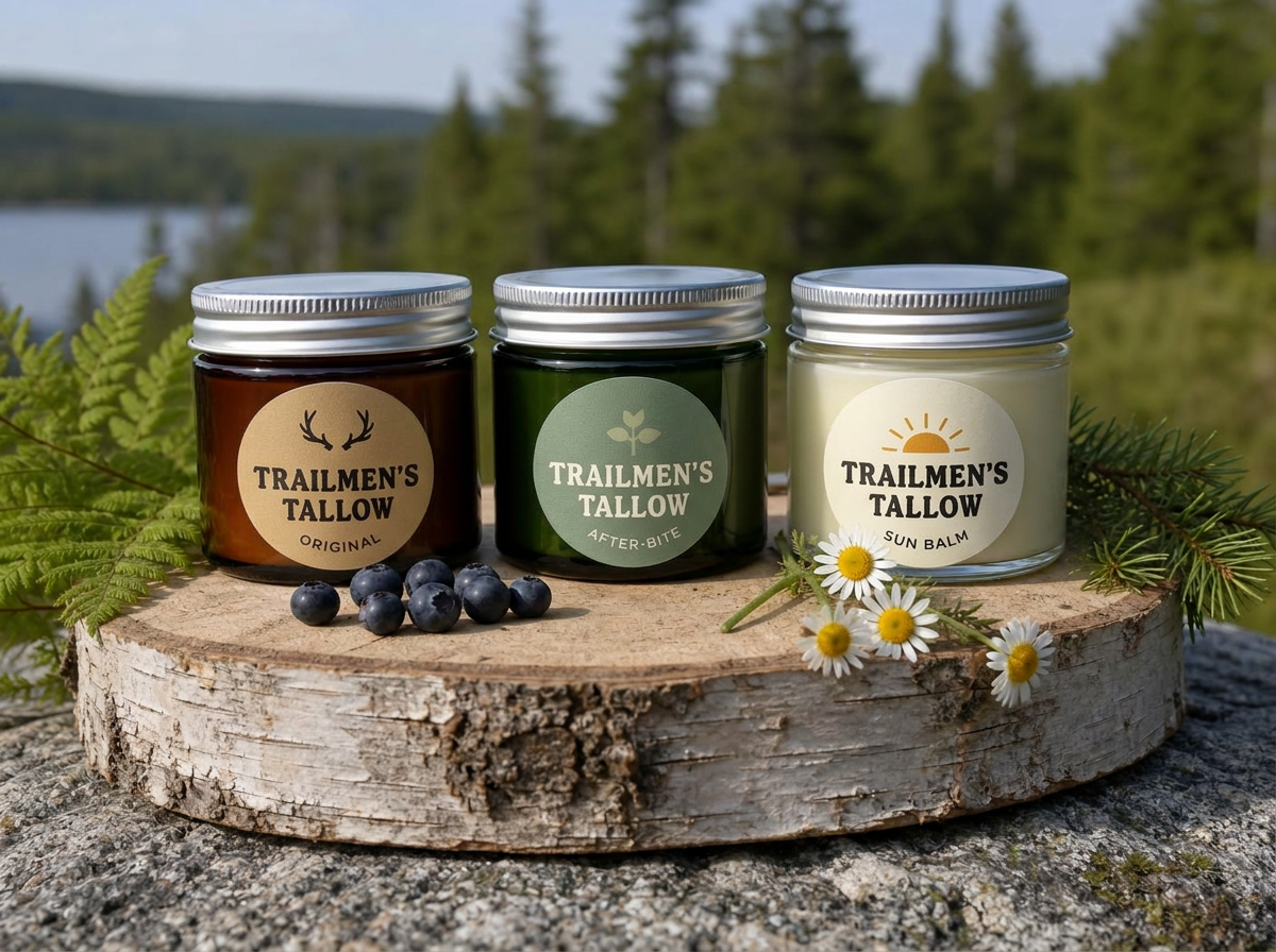 Three Trailmen's Tallow jars on a birch round in the Maine woods